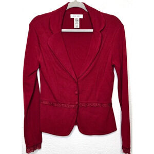 Nine West Womens Blazer Jacket Small Red Stretch Knit Lace Trim Rib Career Retro